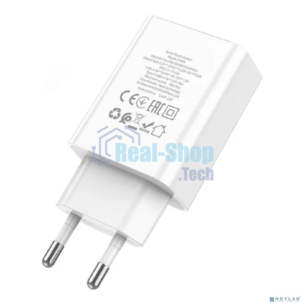 Сетевое зарядное устройство с дисплеем Hoco 18Вт, 3А, QC3.0/PD, 1хUSB, 1хType-C, C100A, белый, коробка