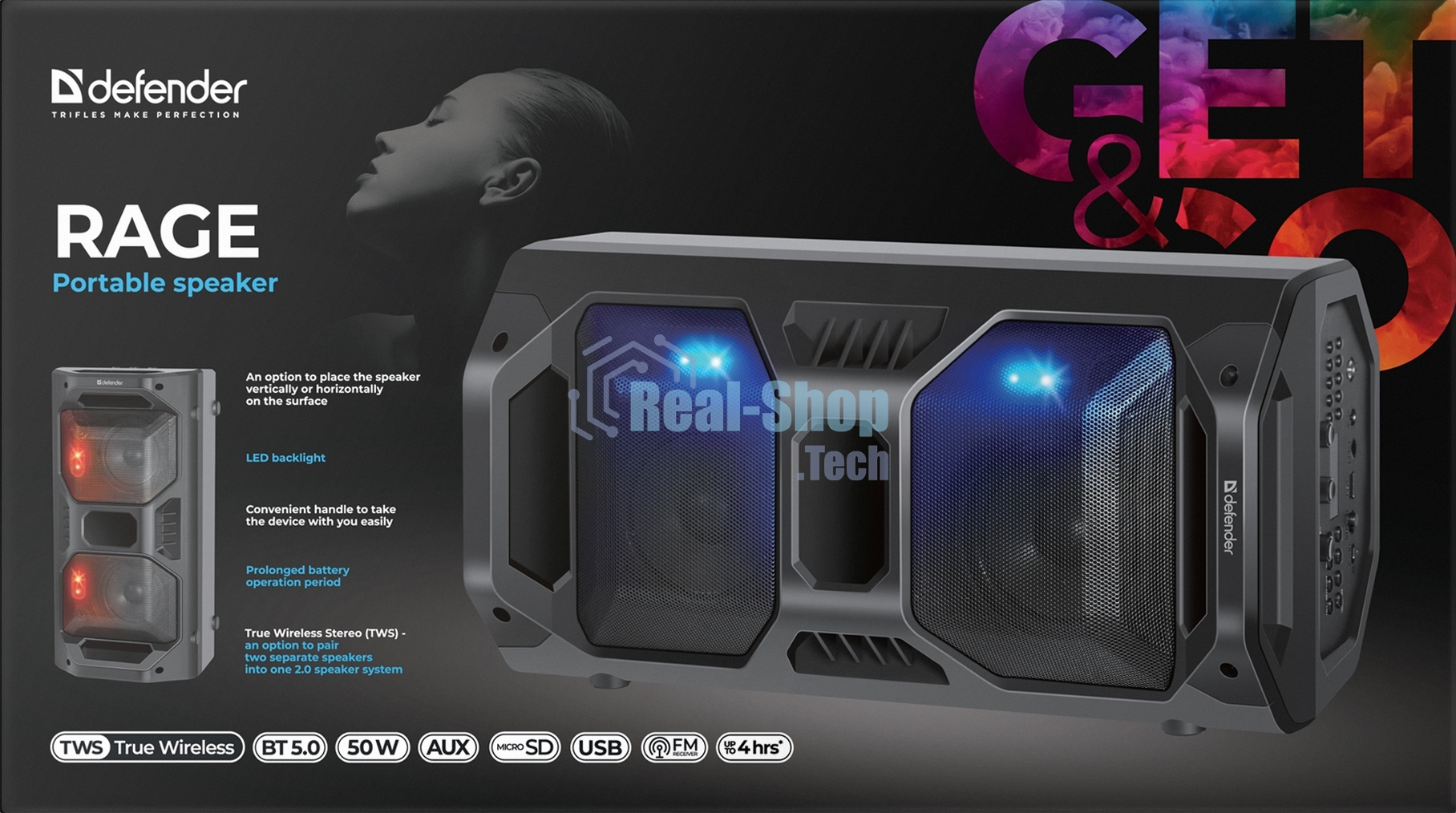 Портативная акустика Defender Rage 50 Вт Light/BT/FM/USB/LED/TWS черный