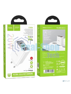 Сетевое зарядное устройство с дисплеем Hoco 18Вт, 3А, QC3.0/PD, 1хUSB, 1хType-C, C100A, белый, коробка