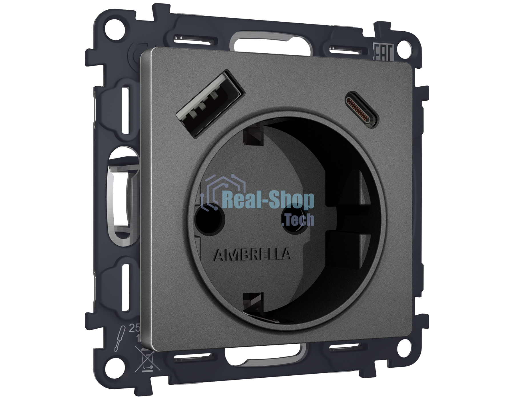 Комплект механизма электрической розетки ALFA Антрацит серый 2USB A+C 20W (быстрая зарядка) с/з QUANT (AP6600, VM160) MA660010