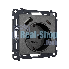Комплект механизма электрической розетки ALFA Антрацит серый 2USB A+C 20W (быстрая зарядка) с/з QUANT (AP6600, VM160) MA660010