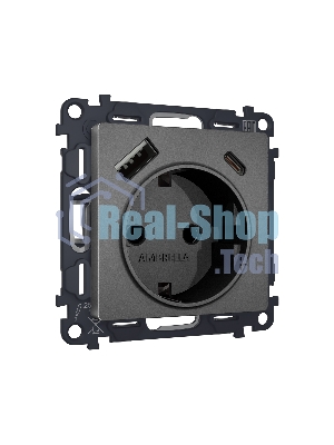 Комплект механизма электрической розетки ALFA Антрацит серый 2USB A+C 20W (быстрая зарядка) с/з QUANT (AP6600, VM160) MA660010