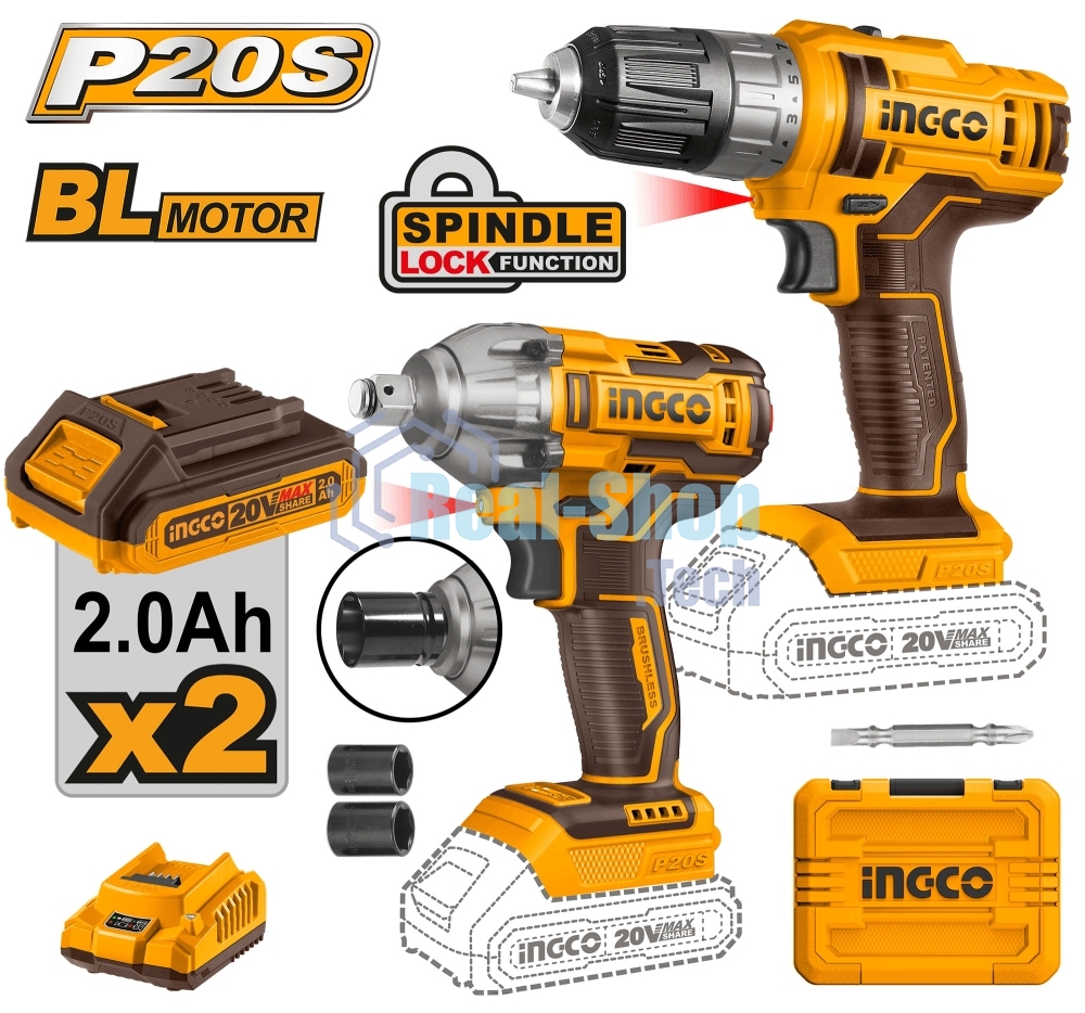 Набор аккумуляторных инструментовт Li-Ion 2шт Ingco COSLI230702 (шуруповерт INGCO CDLI200528, гайковерт INGCO CIWLI2038, 2 акк, ЗУ, Сумка)