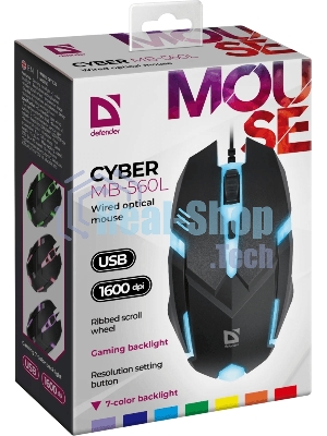 Мышь проводная Defender Cyber MB-560L черный, 1200 dpi, USB, кнопки - 3