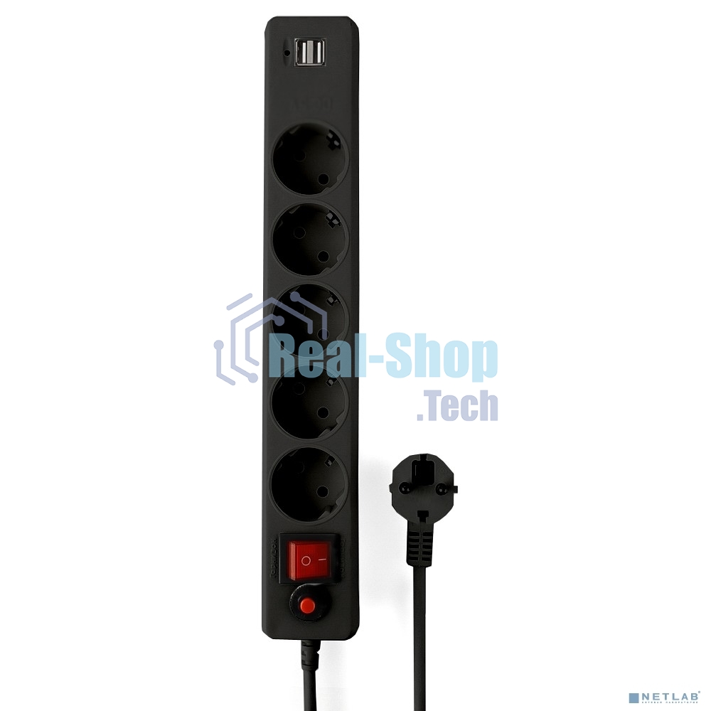 Сетевой фильтр Гарнизон 5 р, 10А, 2xUSB, 1.8 м, ур.защиты 4, черный, пакет