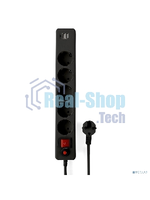 Сетевой фильтр Гарнизон 5 р, 10А, 2xUSB, 1.8 м, ур.защиты 4, черный, пакет
