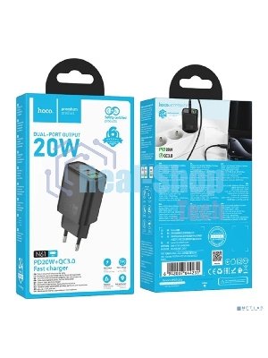 Зарядное устройство Hoco 20Вт, 3А, QC3.0/PD, 1xUSB, 1xType-C, N61, черный, коробка
