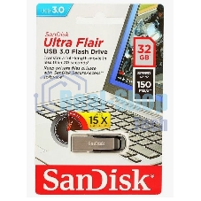 Флешка USB Sandisk CZ73 Cruzer Ultra Flair (SDCZ73-032G-G46), 32Gb, USB 3.0, R/W 150/45, серебристый/черный