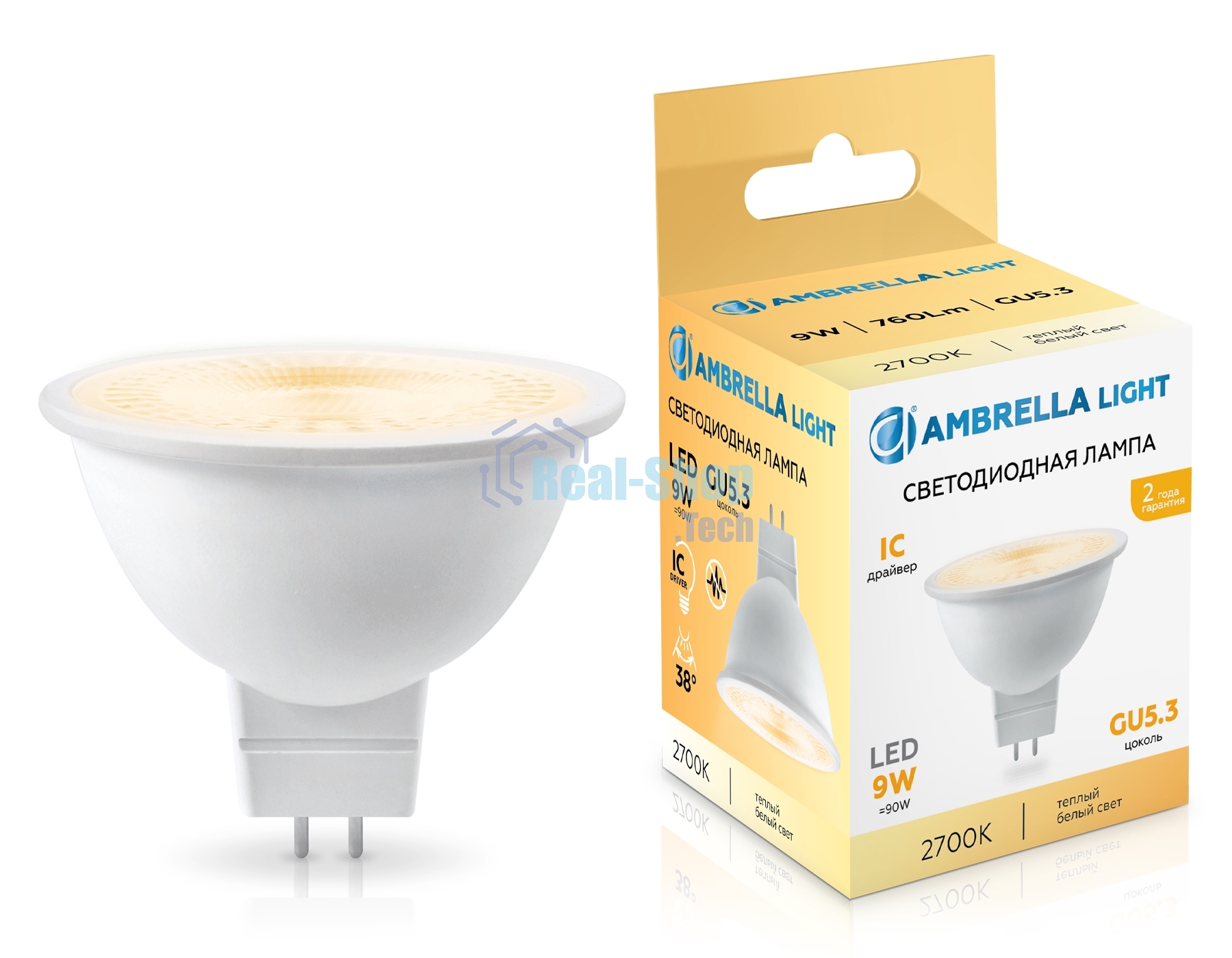 Лампа светодиодная	Ambrella light 170903 LED MR16 9W IC GU5.3 2700K 175-265V 38°