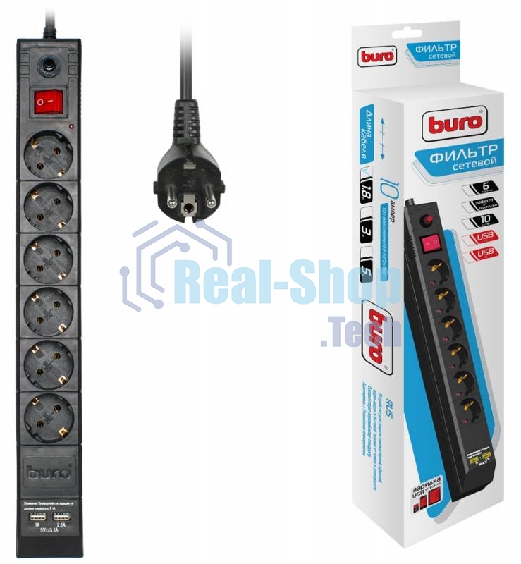 Сетевой фильтр Buro BU-SP1.8 USB 2A-B 1.8м (6 розеток) черный (коробка)