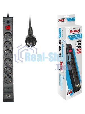 Сетевой фильтр Buro BU-SP1.8 USB 2A-B 1.8м (6 розеток) черный (коробка)