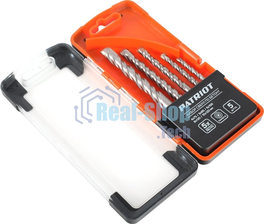 Набор сверл по бетону PATRIOT, 5 шт: 4x75 мм, 5x85мм, 6x100 мм, 8x120 мм, 10x120 мм, в боксе
