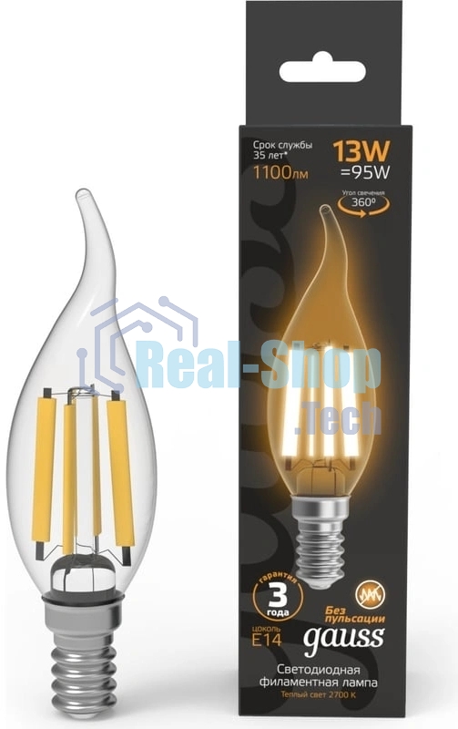 Лампа филам. Gauss Filament 13Вт цок.:E14 свеча св.свеч.бел.теп. (упак.:10шт) (104801113)