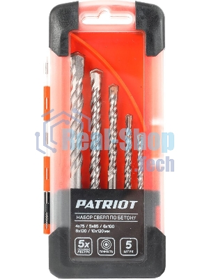 Набор сверл по бетону PATRIOT, 5 шт: 4x75 мм, 5x85мм, 6x100 мм, 8x120 мм, 10x120 мм, в боксе