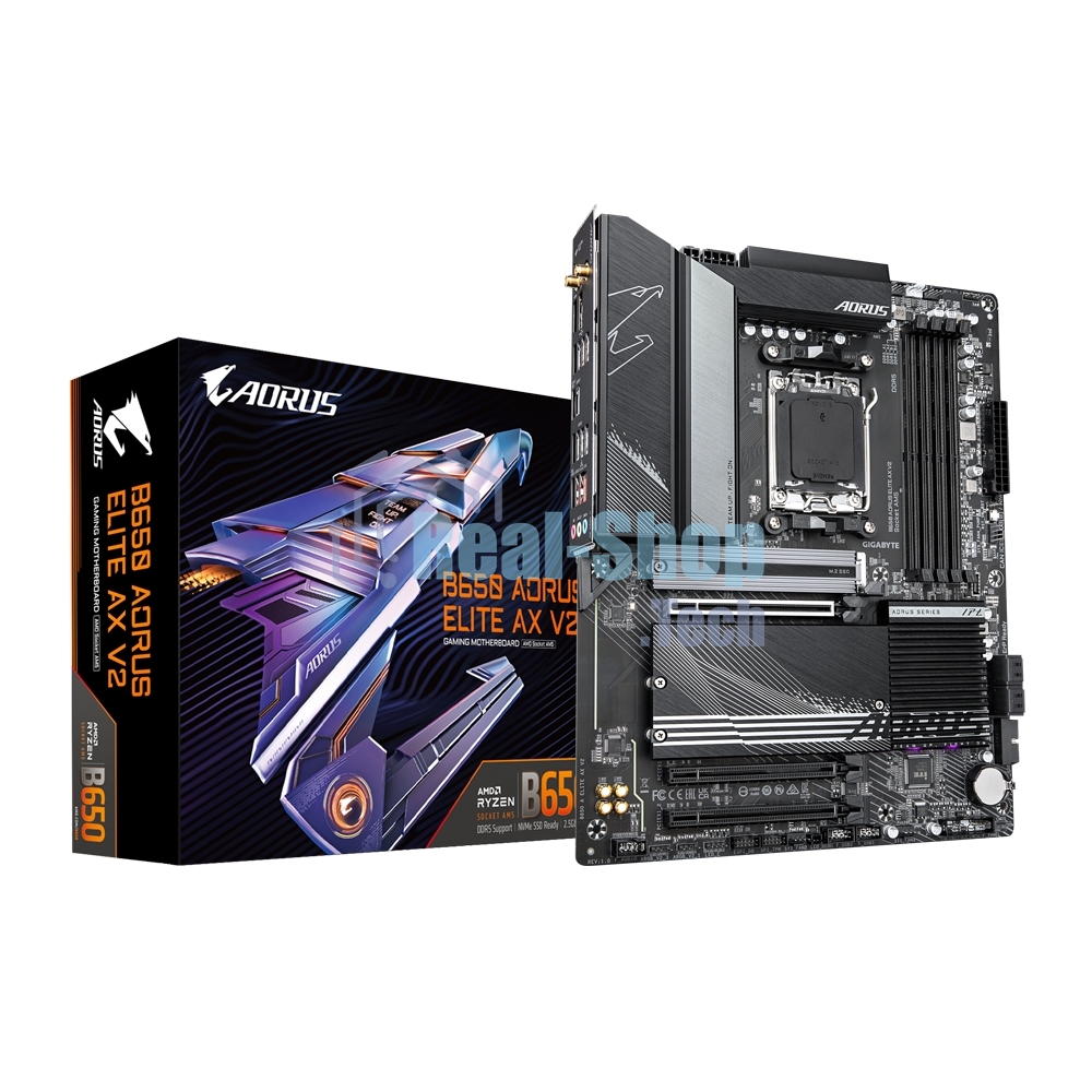 Материнская плата GIGABYTE B650 AORUS ELITE AX V2, AM5, AMD B650, 4xDDR5, 4xSATA, 3xM.2, 1xPCI-E 4.0 x16, 1xHDMI, 1xDP, 1xUSB-C 3.2 Gen 2, 5xUSB-A 3.2 Gen 1, 2xUSB-A 3.2 Gen 2, 4xUSB-A 2.0, 1x 2.5Gb LAN, 3x3.5 мм, 7.1, ATX