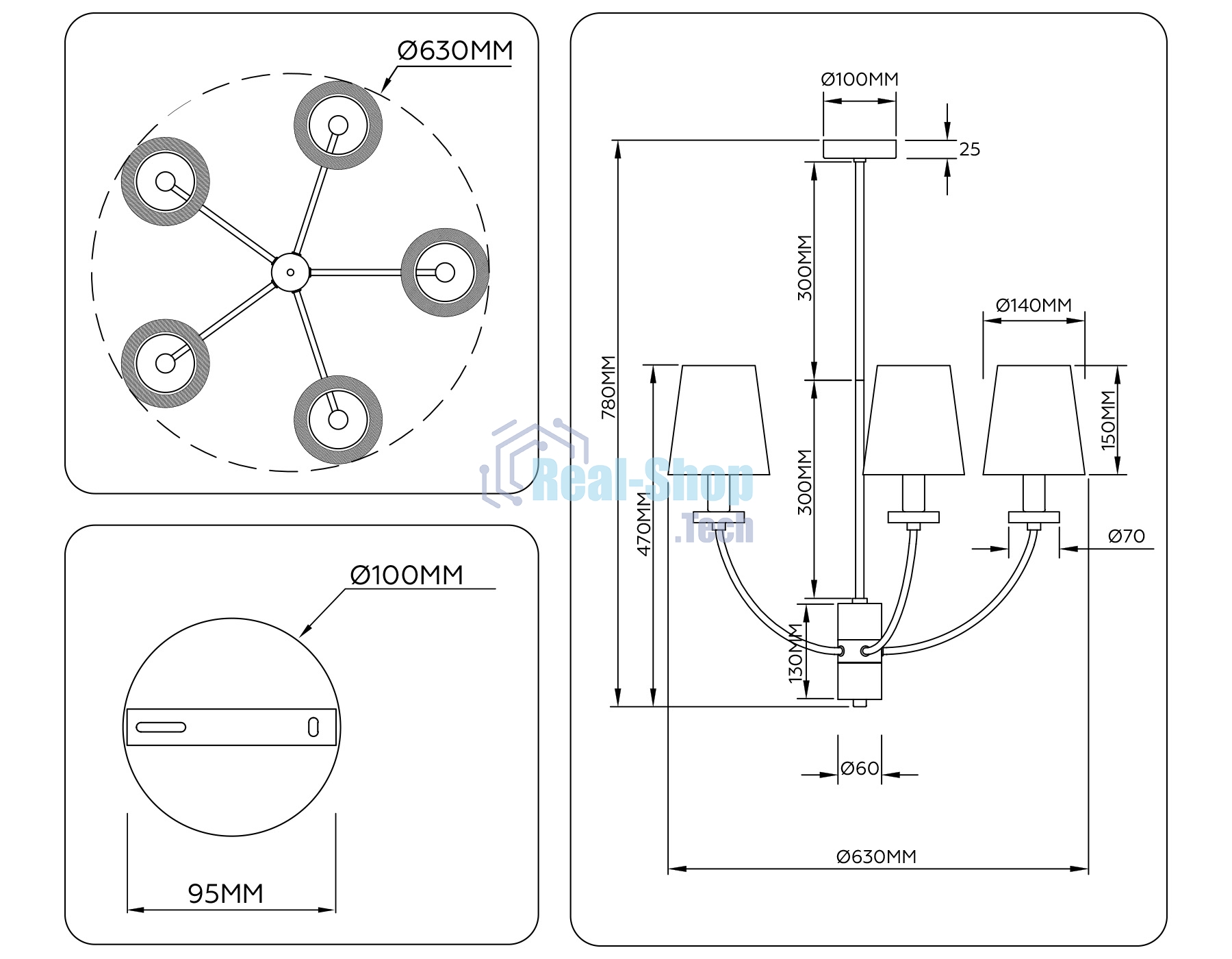 Люстра Ambrella light LH75351/5 SB/WH бронза/белый E14*5 max 40W D630*780