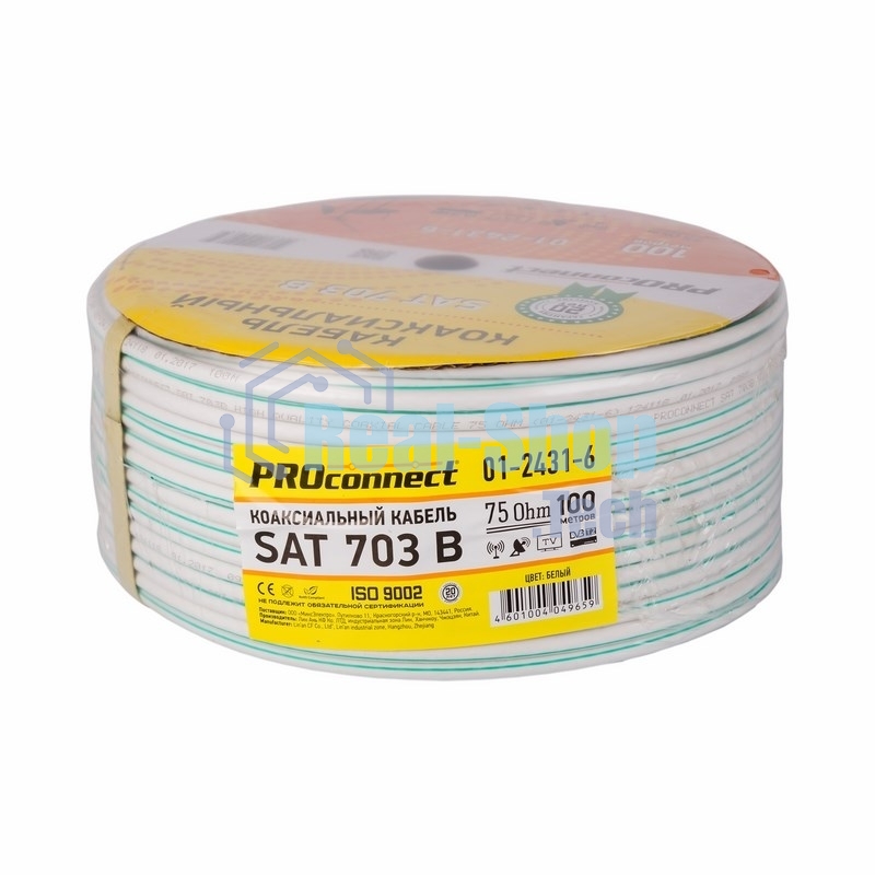 Кабель коаксиальный PROconnect SAT 703 B, Cu/Al/Cu, 64%, 75 Ом, бухта 100 м, белый