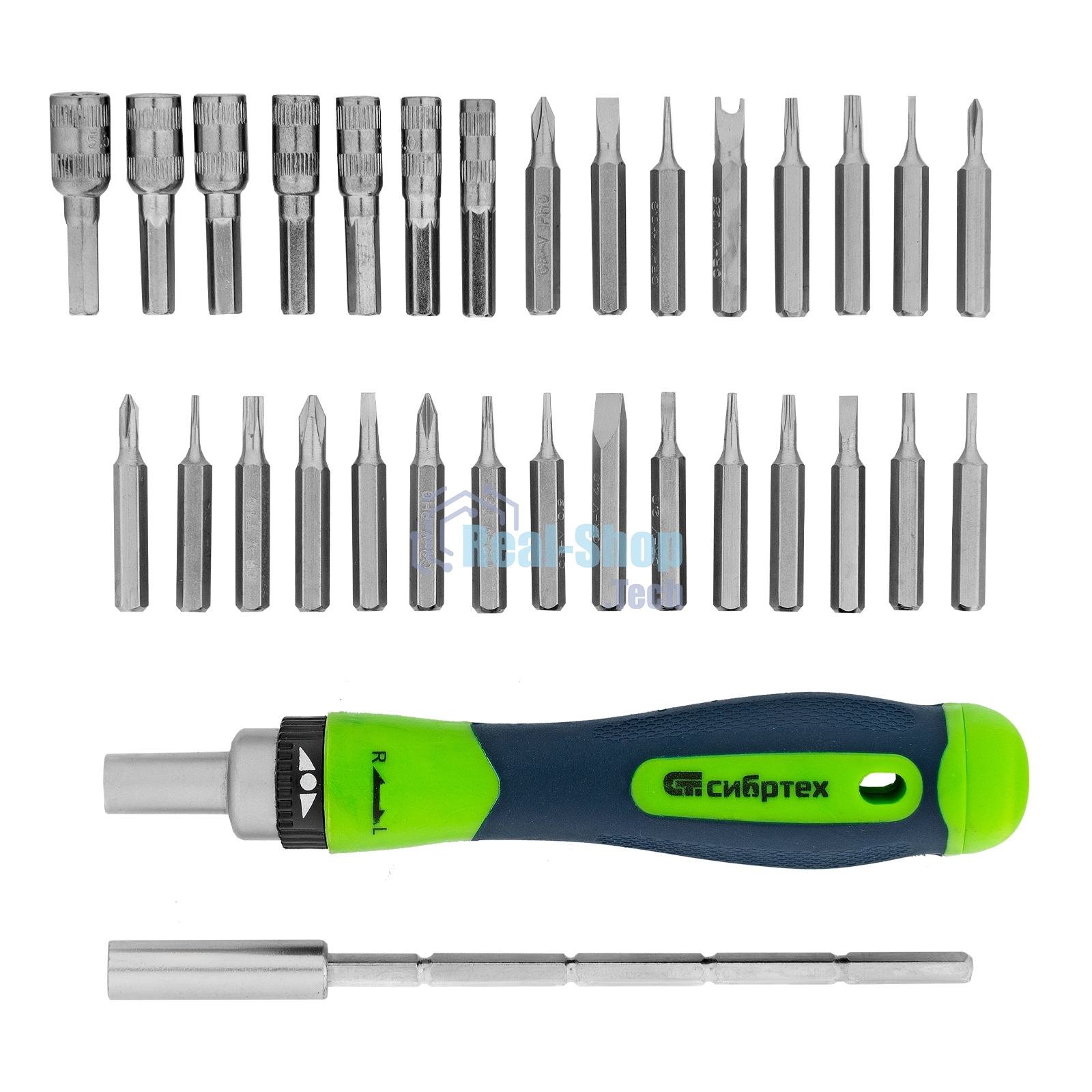 Отвертка реверсивная Сибртех для точных работ с набором бит и торцевых головок, 32 предметов, CrV
