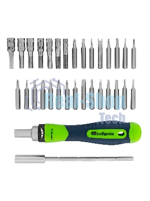 Отвертка реверсивная Сибртех для точных работ с набором бит и торцевых головок, 32 предметов, CrV