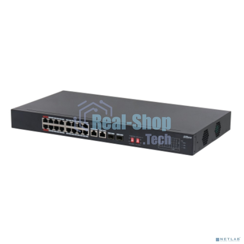 Неуправляемый 16-портовый коммутатор Dahua DH-S3218-16ET-135 с РоЕ, 16xRJ45 100Mb, 2хКомбо SFP/RJ45 1Gb uplink, суммарно до 135Вт, коммутация 7.2 Гбит/с, MAC-таблица 8К