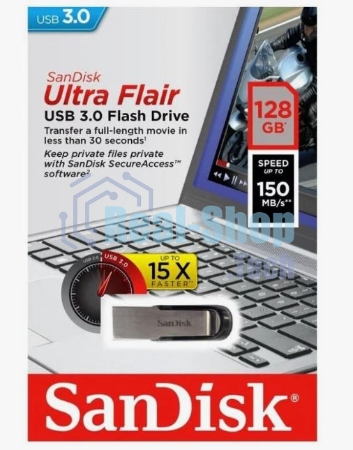 Флешка USB Sandisk CZ73 Cruzer Ultra Flair (SDCZ73-128G-G46), 128Gb, USB 3.0, R/W 150/45, серебристый/черный