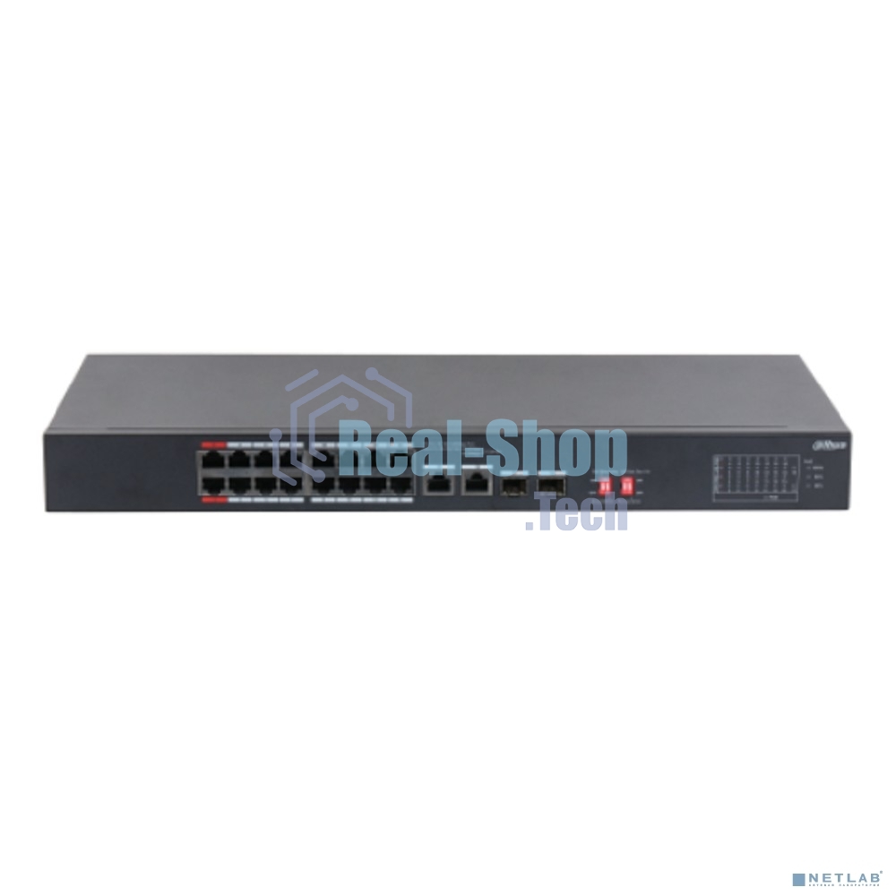 Неуправляемый 16-портовый коммутатор Dahua DH-S3218-16ET-135 с РоЕ, 16xRJ45 100Mb, 2хКомбо SFP/RJ45 1Gb uplink, суммарно до 135Вт, коммутация 7.2 Гбит/с, MAC-таблица 8К
