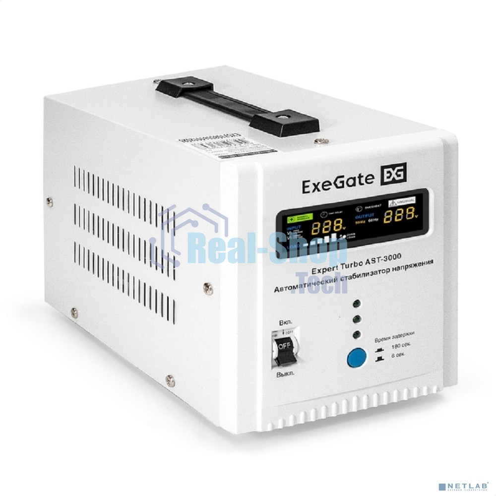 Стабилизатор напряжения ExeGate Expert Turbo AST-3000 (3000ВА, вход 80-260В, цветной дисплей, выход 220В±8%, КПД 98%, 5 уровней защиты, метал. корпус, 2*Schuko+клем.колодка, RTL)