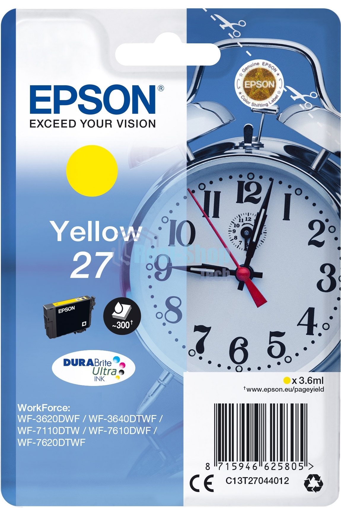 Картридж струйный Epson T2704 (C13T27044022/C13T27044020) желтый, 300 стр., для WF7110/7610/7620 (300стр.)