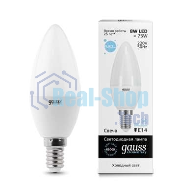 Лампа светодиодная LED Gauss 8Вт E14 220В 6500К Elementary свеча 33138