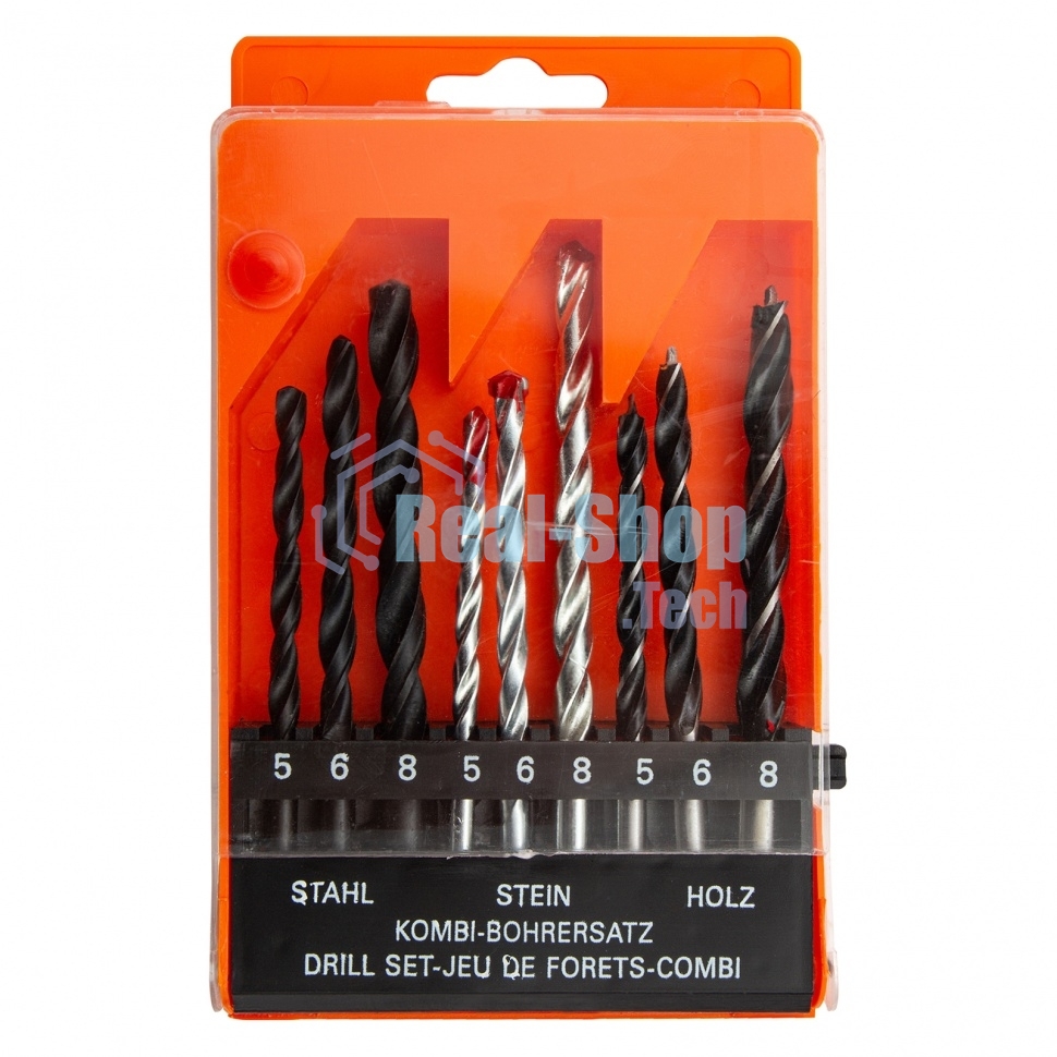 Набор сверл Sparta по бетону 5-6-8 мм, металлу 5-6-8 мм, дереву 5-6-8 мм, 9 шт. цилин. хвостовик
