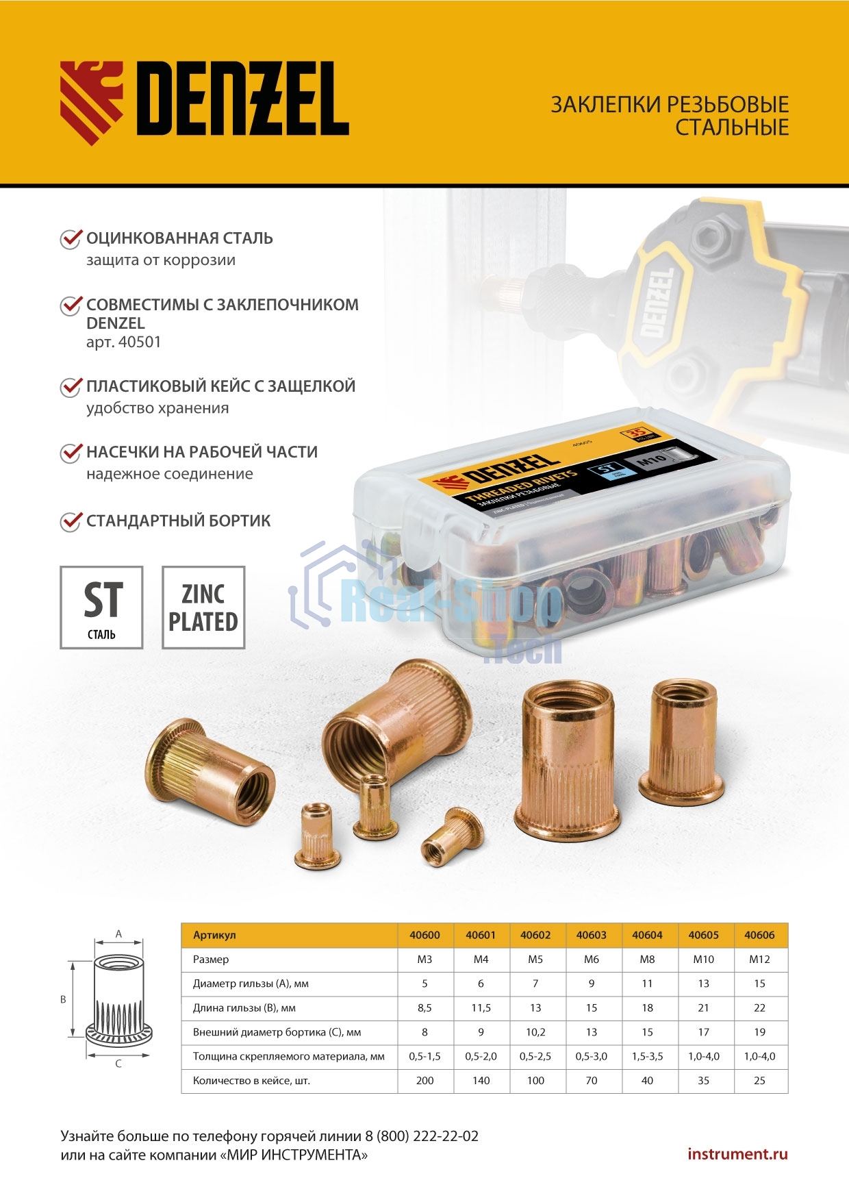Заклепки резьбовые Denzel стальные, оцинкованные, М4, пластиковый кейс, 140 шт.