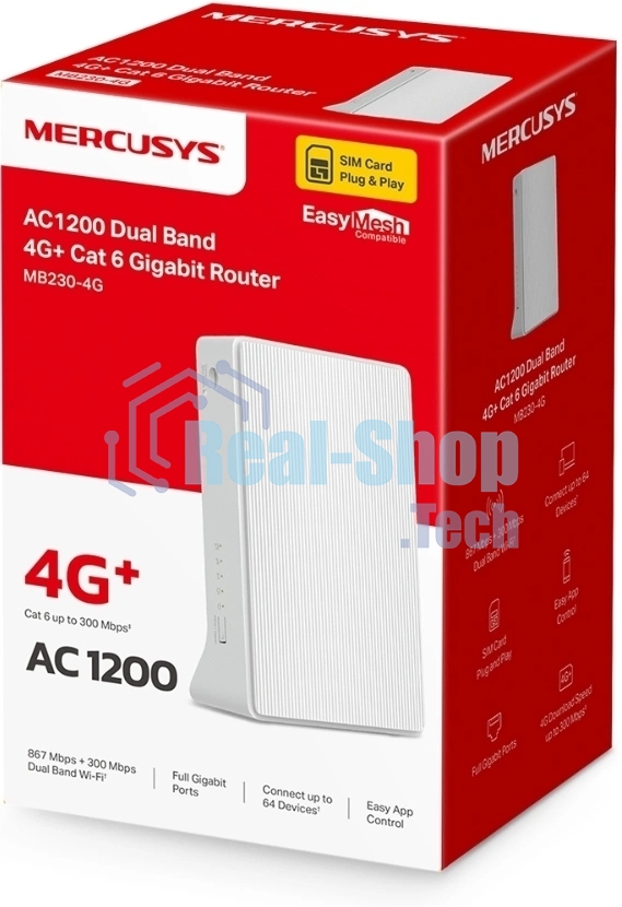 Двухдиапазонный гигабитный роутер Mercusys MB230-4G Wi-Fi AC1200 с поддержкой 4G+ категории 6