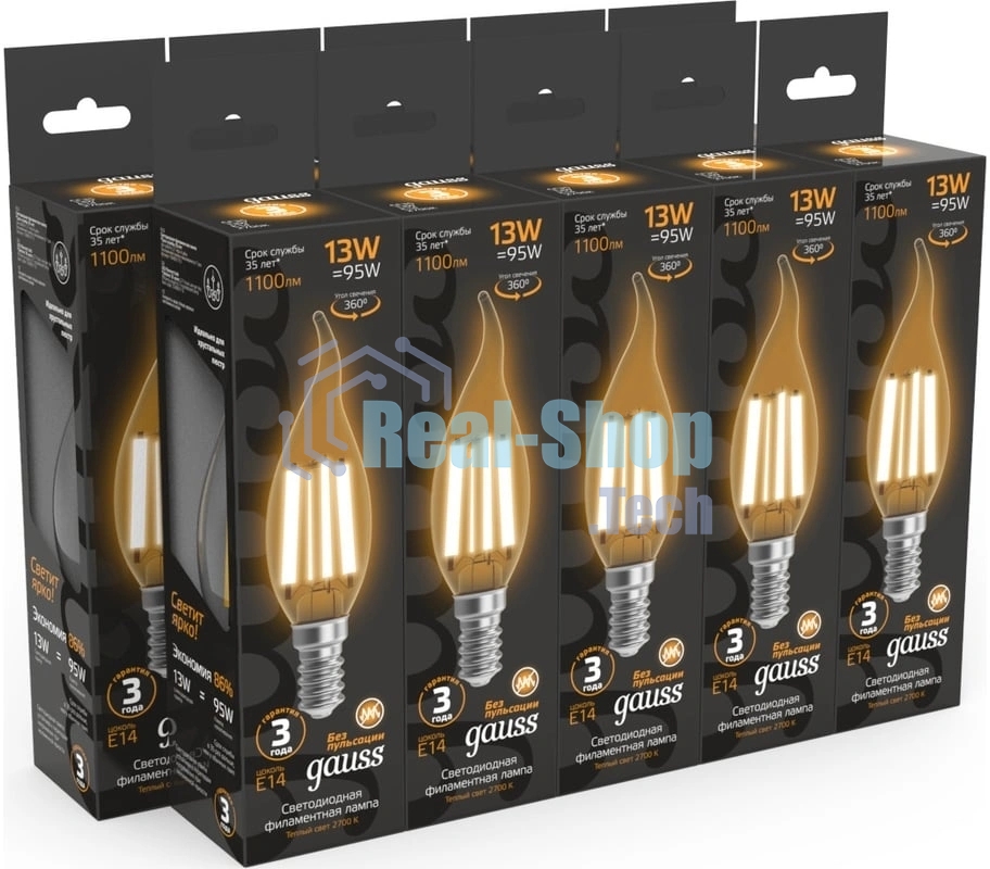 Лампа филам. Gauss Filament 13Вт цок.:E14 свеча св.свеч.бел.теп. (упак.:10шт) (104801113)