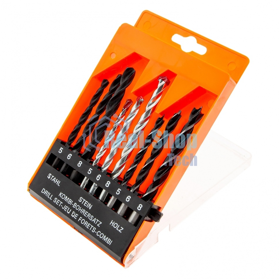 Набор сверл Sparta по бетону 5-6-8 мм, металлу 5-6-8 мм, дереву 5-6-8 мм, 9 шт. цилин. хвостовик