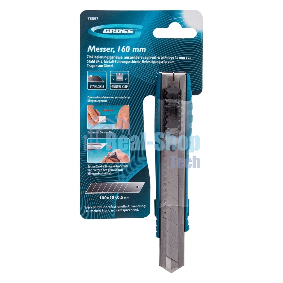Нож Gross 160 мм, метал.корпус, выдв. сегм. лезвие 18 мм (SK-5), метал. напр-щая, клипса для ремня