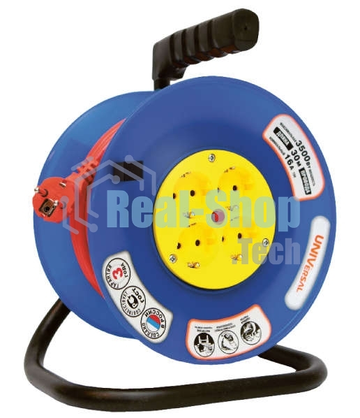 Удлинитель на катушке 4х30 м с заземл. 10А IP44 ВЕМ-250 термо ПВС 3х0.75 розетки с защ. шторками UNIVersal 1680