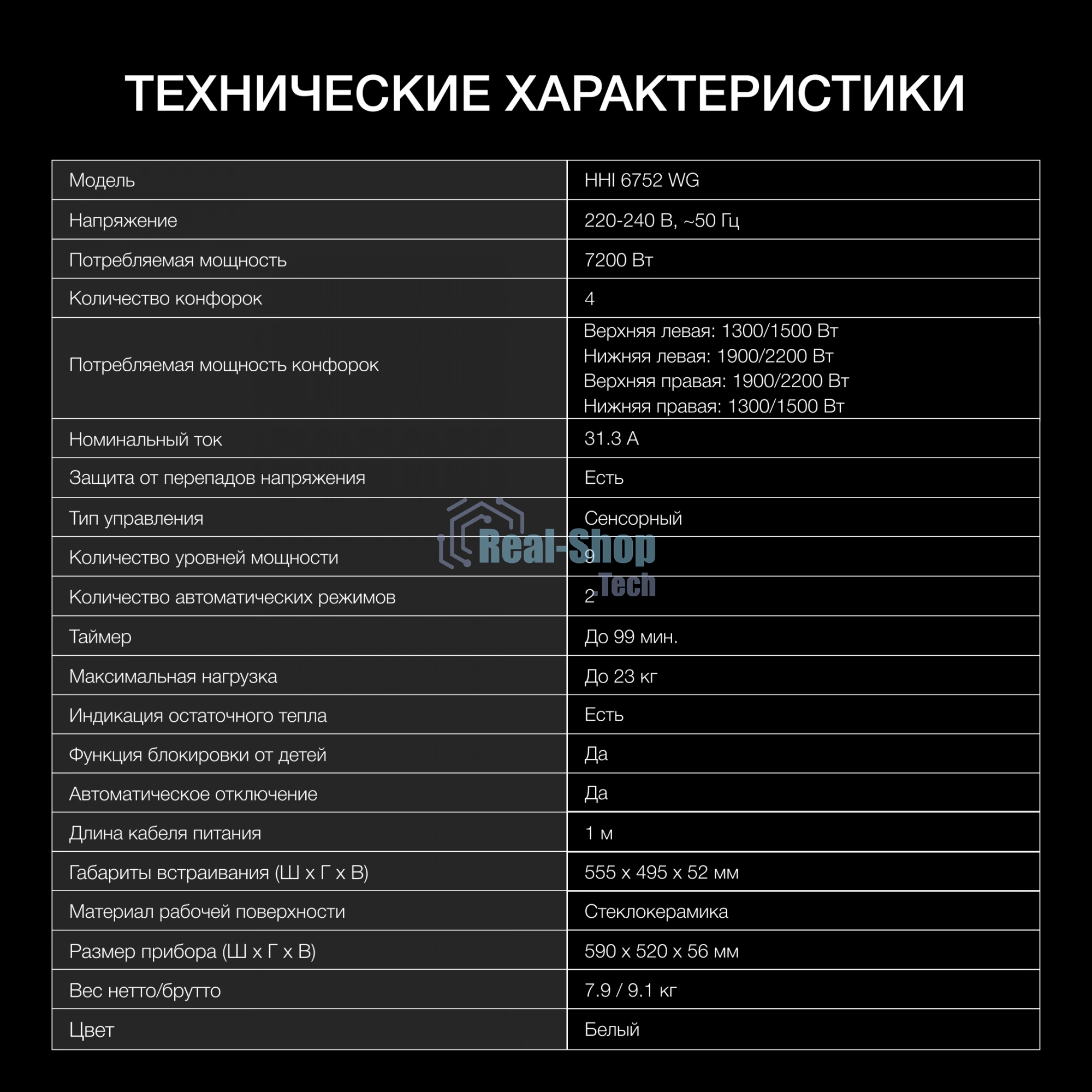 Индукционная варочная поверхность Hyundai HHI 6752 WG, 4 конфорки, стеклокерамика, 7200 Вт