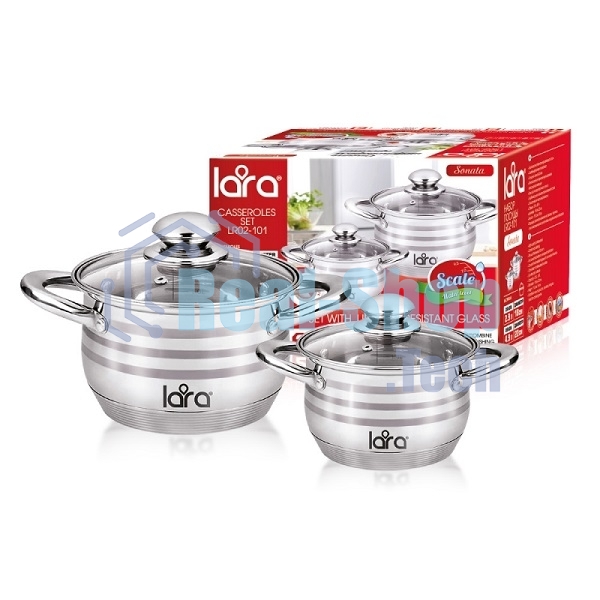 Набор посуды Lara LR02-101 Sonata 4пр. LR02-101 Набор посуды Lara Sonata, 4 пр., (кастр. 2.9 л + 4.9 л) стеклян. крышки