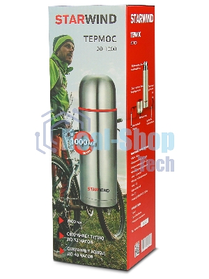 Термос Starwind 20-1000 1 л, серебристый/красный, картонная коробка
