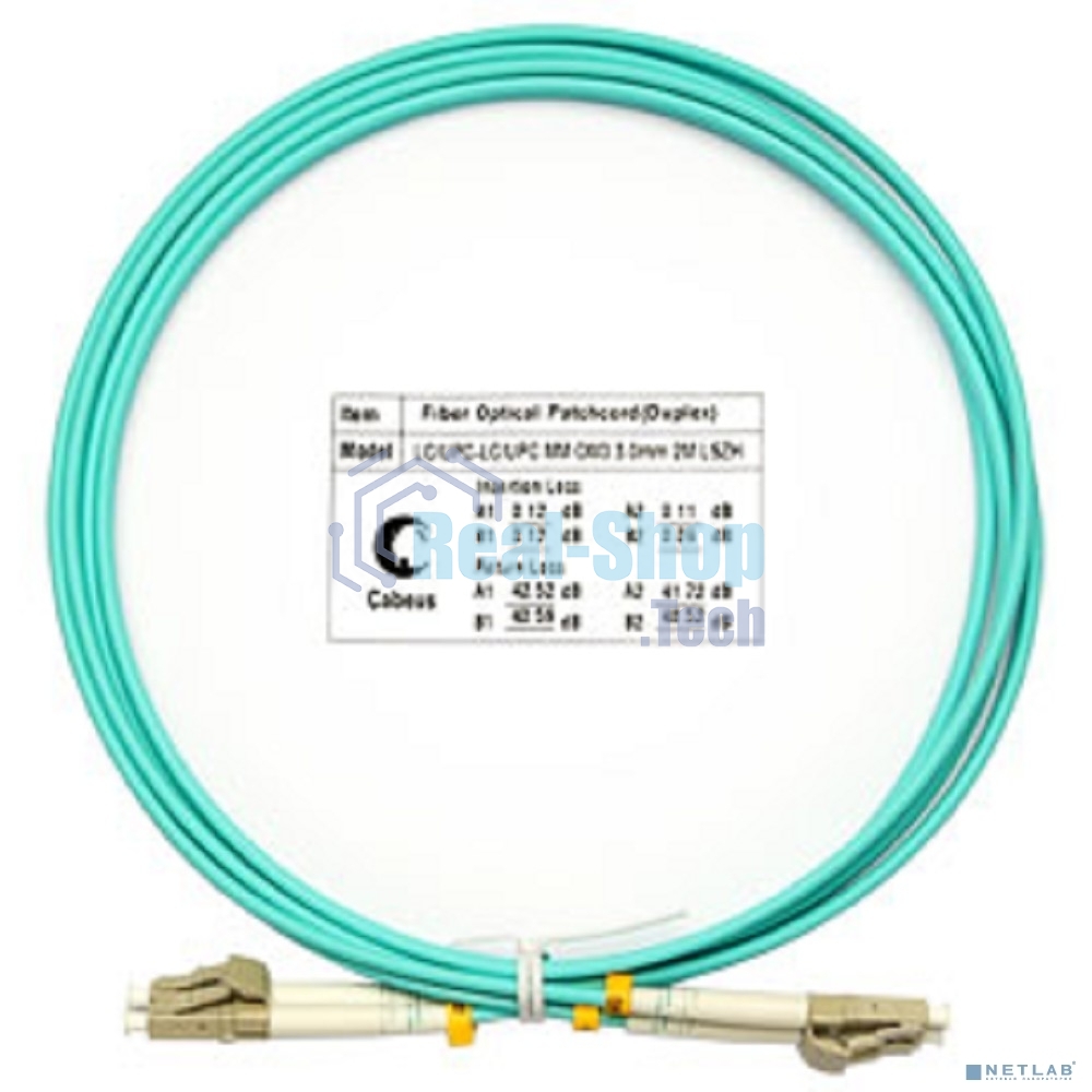 Коммутационный шнур оптический Cabeus Tight Buffer, Duplex LC/LC, OM3 50/125, LSZH, 2м, d= 3мм, серый хвостовик, аква