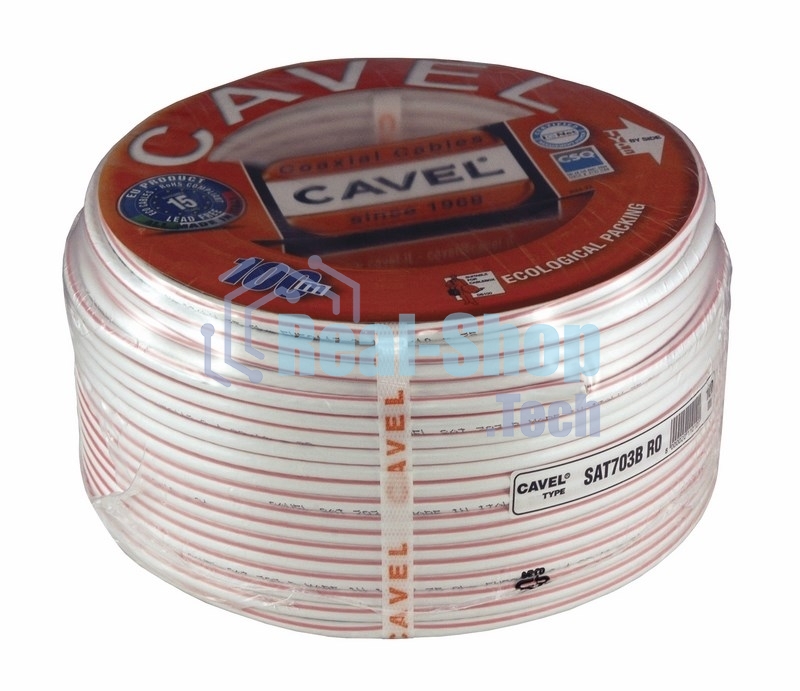 Кабель коаксиальный CAVEL SAT 703 B, Cu/Al/CuSn, 75%, 75 Ом, бухта 100 м, белый