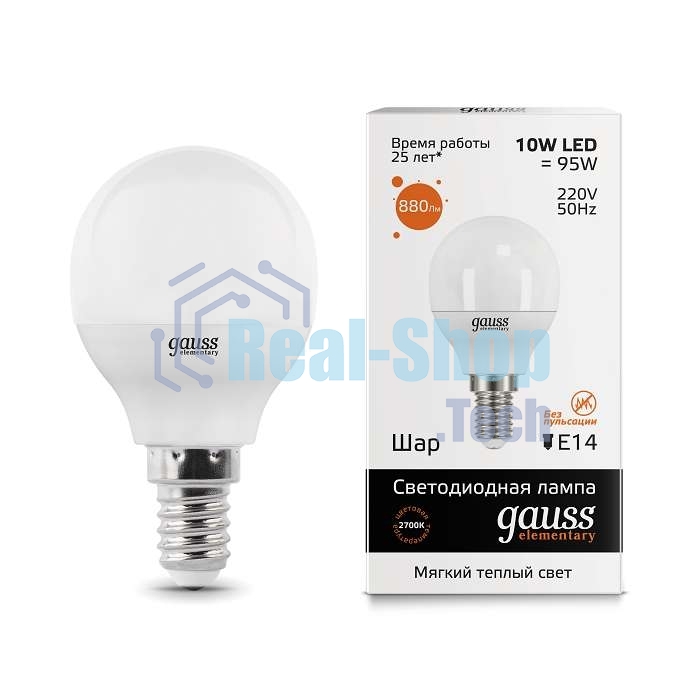 Лампа светодиодная LED Gauss 10Вт E14 220В 2700К Elementary шар 53110