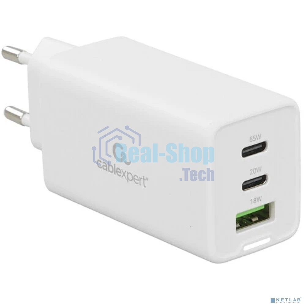 Зарядное устройство Cablexpert MP3A-PC-65, 65Вт GaN, 3,25A, QC4.0/PD, 2xType-C, 1xUSB, белый, коробка