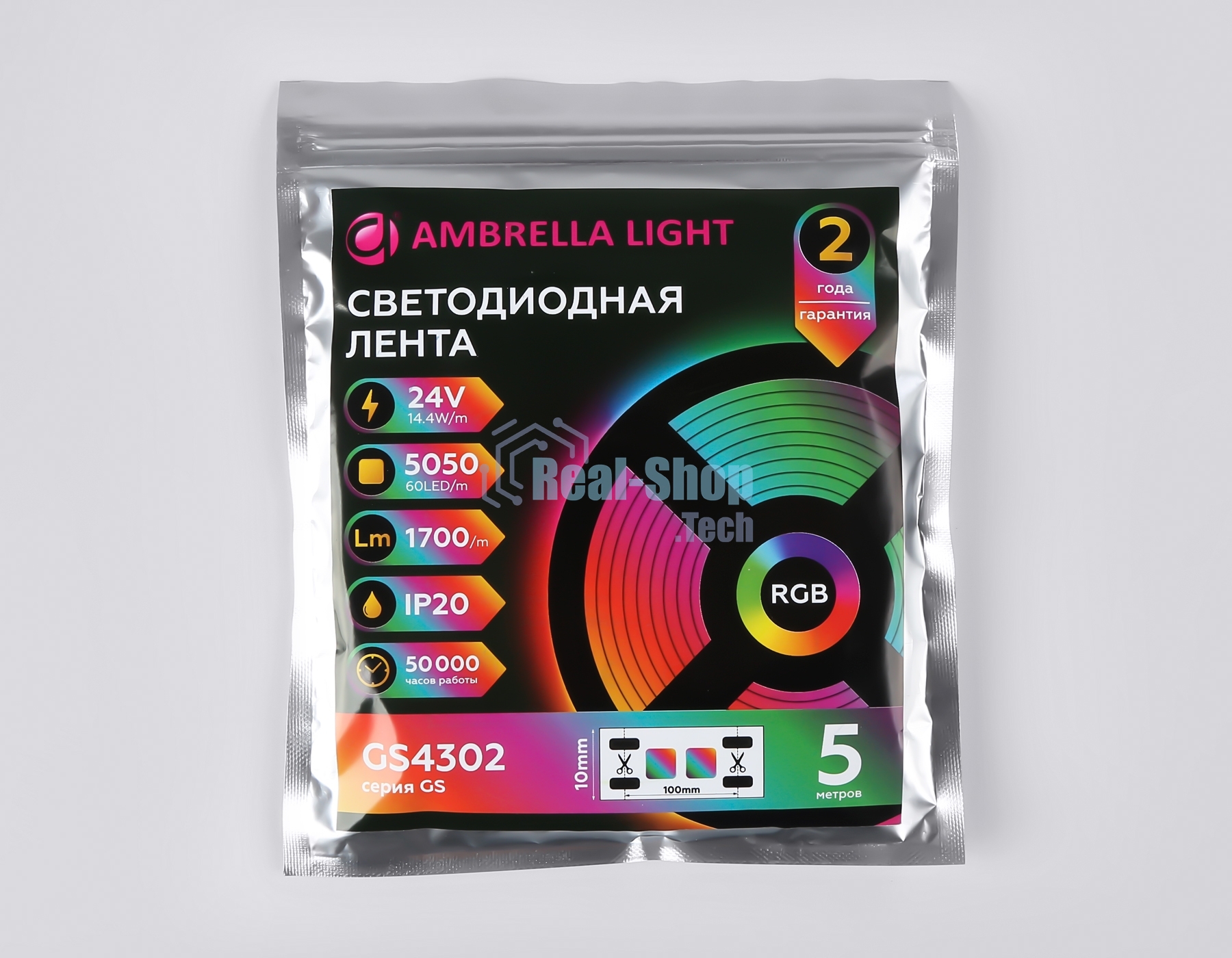 Светодиодная лента Ambrella light GS4302 5050 60Led/ 14.4W m/ 24V IP20 RGB/ 5000*10*1.87mm (4 конт.)