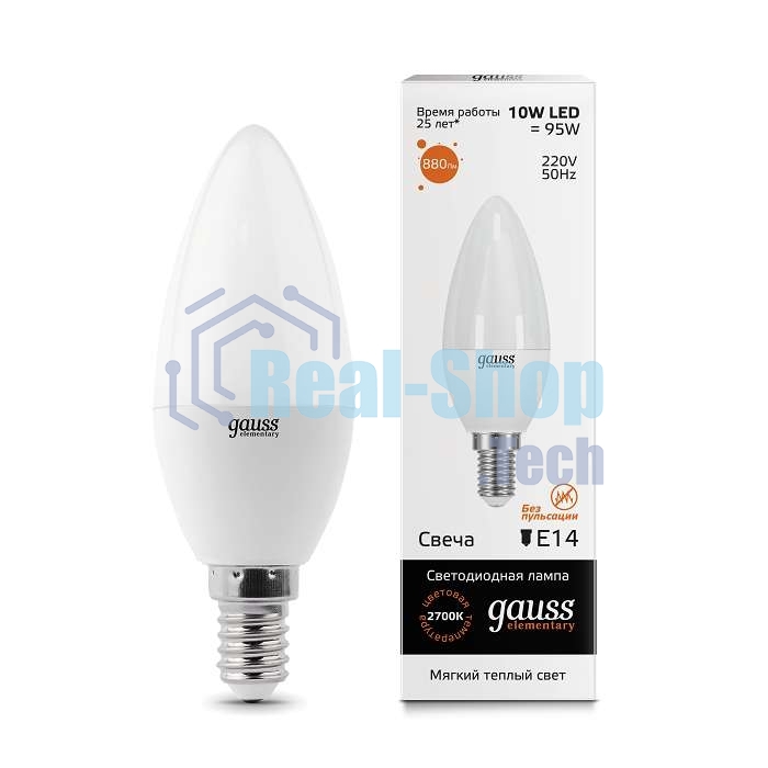 Лампа светодиодная LED Gauss 10Вт E14 220В 2700К Elementary свеча 33110