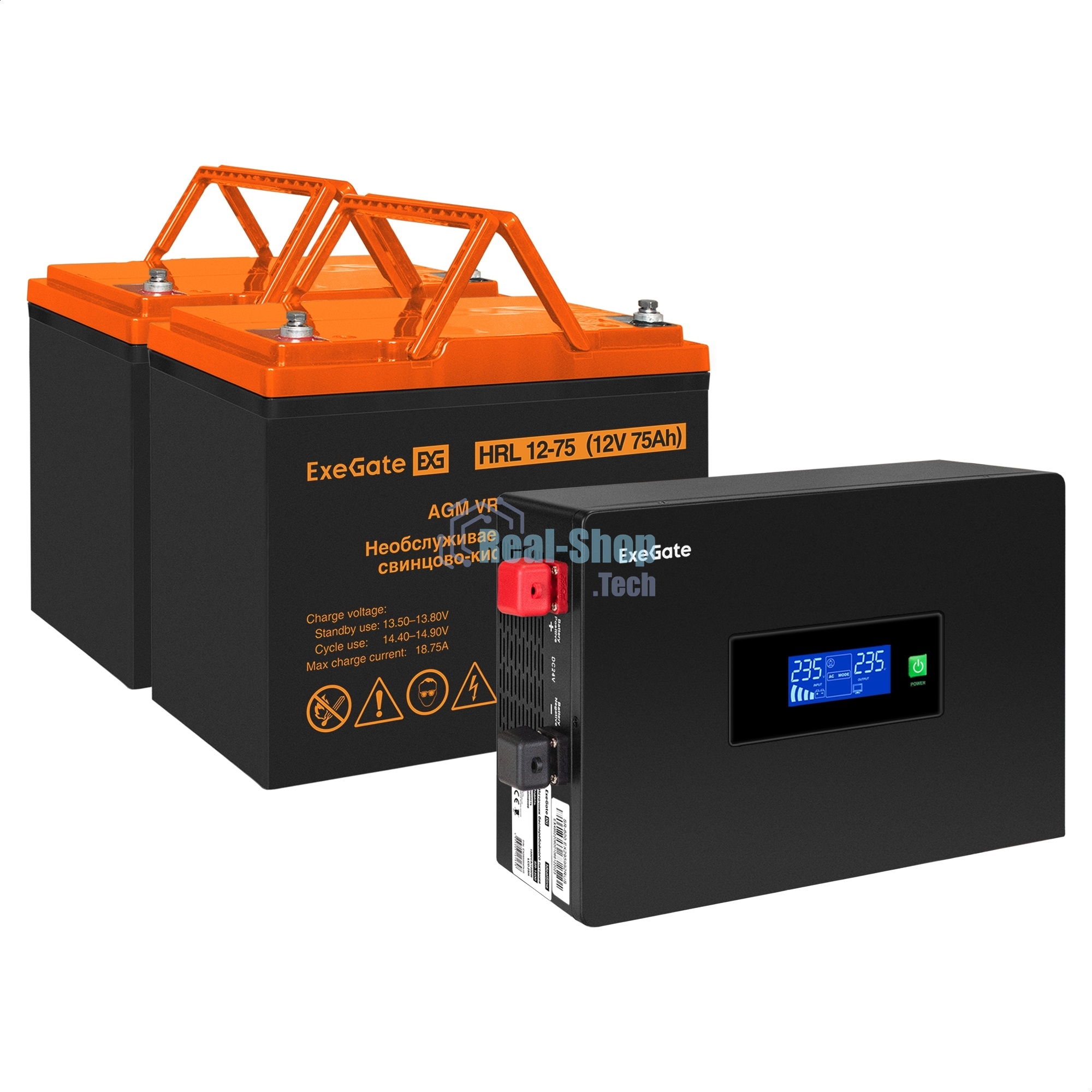 Комплект источника бесперебойного питания Exegate EX295994RUS + батарея 75Aч EX285653RUS 2шт (инвертор, синус, для котла, PF=1, настенный) ExeGate IdealSine SR-1500.LCD.2SH  <1500VA/1500W, чистая синусоида, цветной LCD-дисплей, 2*Schuko, крепление настенн