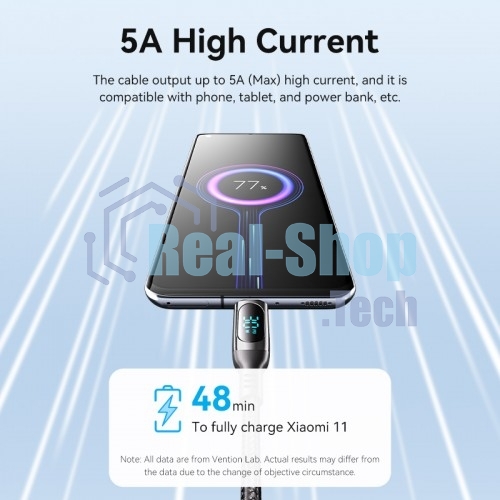 Кабель Vention USB 2.0 CM/CM с LED дисплеем - 1.2м. черный 5А PD100W, шт.
