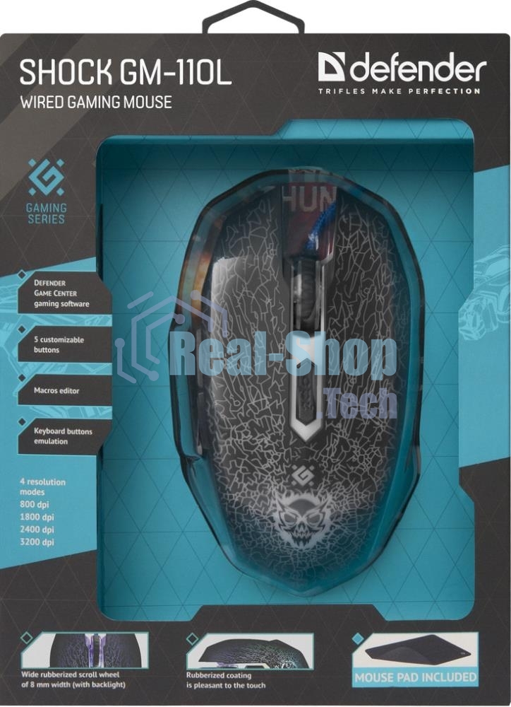 Мышь проводная Defender Shock GM-110L черный, 3200 dpi, USB, кнопки - 6