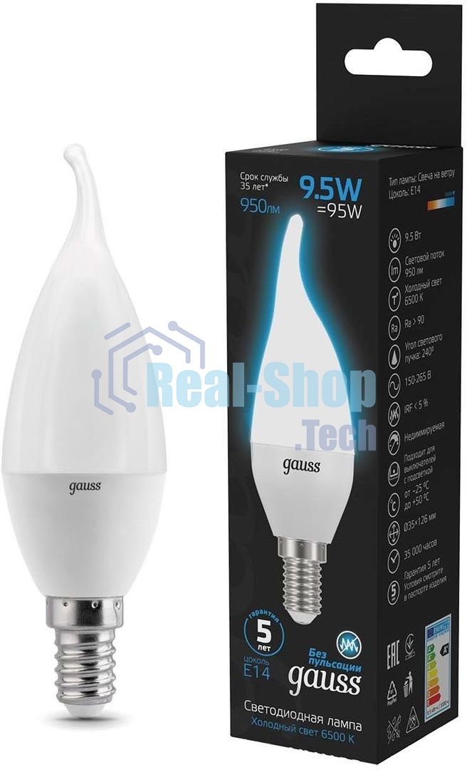 Лампа светодиодная Gauss 104101310 9.5Вт цок.: E14 свеча 220B 6500K св. свеч. бел. хол. (упак.: 10 шт)
