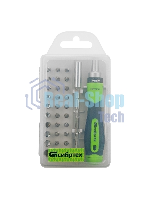 Отвертка реверсивная Сибртех для точных работ с набором бит и торцевых головок, 32 предметов, CrV
